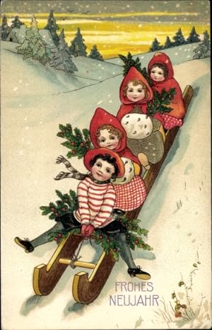 Ansichtskarte / Postkarte Glückwunsch Neujahr, Kinder auf einem Schlitten