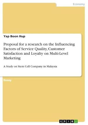 Bild des Verkufers fr Proposal for a research on the Influencing Factors of Service Quality, Customer Satisfaction and Loyalty on Multi-Level Marketing : A Study on Stem Cell Company in Malaysia zum Verkauf von AHA-BUCH GmbH