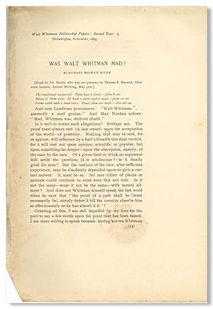 Bild des Verkufers fr WAS WALT WHITMAN MAD? [caption title] zum Verkauf von William Reese Company - Literature, ABAA