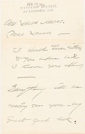 HOMER, WINSLOW. Autograph Letter SIGNED