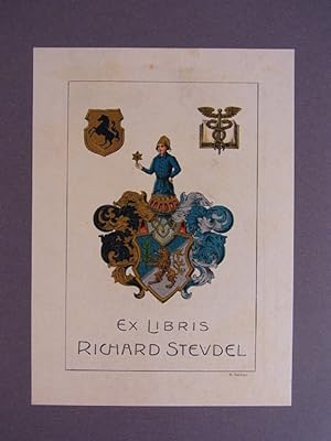 Heraldik Exlibris für Richard Steudel. Motiv: Wappen, männliche Gestalt mit Stern in der Hand und...