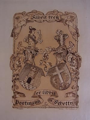 Heraldik Exlibris für Portmann-Schetty. Motiv: Wappen, ritterliche Helme, männliche Gestalt mit g...