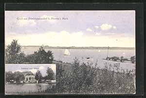 Ansichtskarte Friedrichsbauhof b. Prieros i. Mark, Gasthaus Aug. Hönow, Uferpartie und Boote