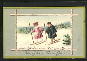 Image du vendeur pour Prge-Ansichtskarte Neujahrsgruss, Kinder beim Ski fahren mis en vente par Bartko-Reher