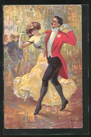 Bild des Verkufers fr Ansichtskarte Dame im gelben Kleid und Herr im roten Frack beim Tanz zum Verkauf von Bartko-Reher