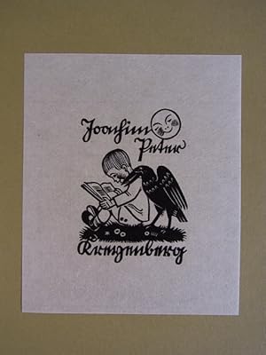 Bild des Verkufers fr Exlibris fr Joachim Peter Kreyenberg. Motiv: frhlicher Lesender Knabe und Rabe. Holzschnitt auf Japan zum Verkauf von Antiquariat Weber