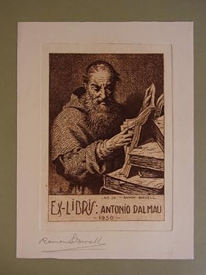 Exlibris für Antonio Dalmau. Motiv: Lesender Mönch und Bücher. Original-Radierung. Großes Blatt. ...