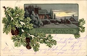 Litho Glückwunsch Weihnachten, Tannenbaum, Zapfen, Dorfpartie