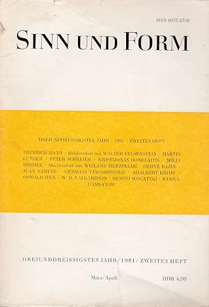 Image du vendeur pour Sinn und Form. Beitrge zur Literatur. 33. Jahr / 1981, 2. Heft Mrz / April. Hrsg. von der Akademie der Knste der Deutschen Demokratischen Republik / Begrndet von Johannes R. Becher u. Paul Wiegler, geleitet von Wilhelm Girnus. mis en vente par Fundus-Online GbR Borkert Schwarz Zerfa