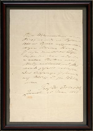 Handschriftlicher Brief mit Unterschrift Prof. Dr. Billroth. [Gerahmt im Holzrahmen / framed in w...
