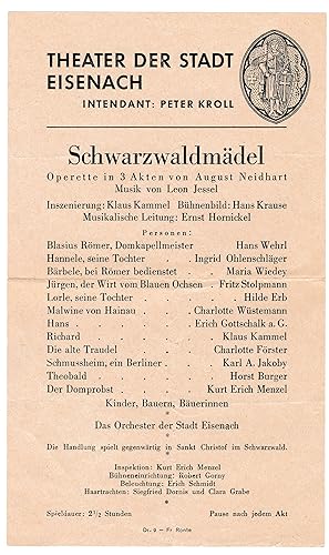Programmblatt / Einzelblatt Theater der Stadt Eisenach. Intendant Peter Kroll. Schwarzwaldmädel -...
