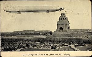 Ansichtskarte / Postkarte Leipzig in Sachsen, Zeppelin Luftschiff Hansa über dem Völkerschlachtde...