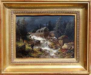 "Goldgräber Camp in den Rocky Mountains" originales Gemälde, Öl auf Holz ca. 15,5x21,5cm; unten l...