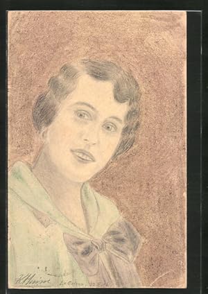 Künstler-Ansichtskarte Handgemalt: Porträt einer lächelnden Dame