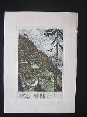 Imagen del vendedor de Semmering" Kolorierte Radierung, signiert (?), Motiv: 20,2 x 14,5 cm; Blatt: 33,8 x 24 cm, rechter Rand oben mit 2 kleinen Randfehlstellen und berieben, leicht angestaubt, sonst gutes Blatt a la venta por Antiquariat Schleifer