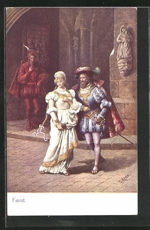 Künstler-Ansichtskarte Szene aus Goethes Faust, Faust und Gretchen, Mephisto im Hintergrund
