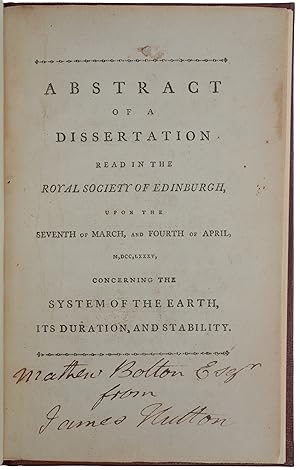 Image du vendeur pour Abstract of a Dissertation Read in the Royal Society of Edinburgh, upon the Seventh of March, and Fourth of April, M,DCC,LXXXV, concerning the System of the Earth, its Duration, and Stability mis en vente par SOPHIA RARE BOOKS