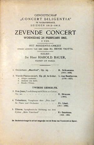 Seller image for [Programmheft] Genootschap Concert Diligentia te `s-Gravenhage. Seizoen 1912-1913. Zevende concert. Het Residentie-Orkest. Solist: de heer Harold Bauer, pianist uit Parijs for sale by Paul van Kuik Antiquarian Music