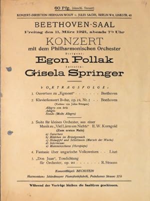 [Programmzettel] Beethovensaal. Freitag, den 11. März 1921, abends 7½ Uhr. Konzert mit dem Philha...