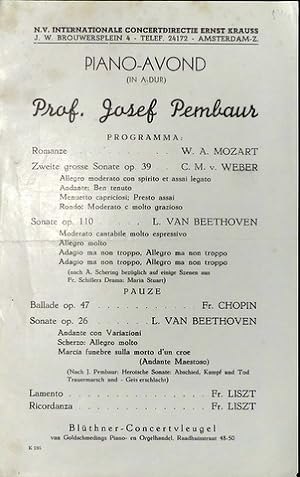 Seller image for [Flyer] Piano-Avond (In A-dur) Prof. Josef Pembaur for sale by Paul van Kuik Antiquarian Music