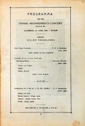 Seller image for [Programmheft] Programma van het tiende Abonnements-Concert (serie A) Dirigent Willem Mengelberg. Solist: Carl Flesch for sale by Paul van Kuik Antiquarian Music