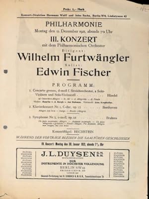 [Programmzettel] Philharmonie. Monntag den 12. Dezember 1921, abends 7½ Uhr. III. Konzert mit dem...