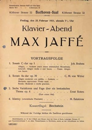 [Programmzettel] Beethovensaal. Freitag, den 25. Februar 1921, abends 7½ Uhr. Klavier-Abend Max J...
