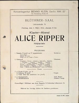 [Programmzettel] Blüthner-Saal, Lützowstraße 76. Freitag, den 3. März 1916, abends 8 Uhr. Klavier...