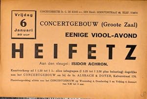 Bild des Verkufers fr [Flyer] Eenige viool-avond Heifetz. Aan den vleugel: Isidir Achron. Concertdirectie Dr. G. de Koos zum Verkauf von Paul van Kuik Antiquarian Music