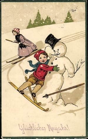 Präge Litho Glückwunsch Neujahr, Junge auf Skiern fährt Schneemann um