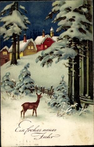 Ansichtskarte / Postkarte Glückwunsch Neujahr, Winterlandschaft, Reh, Ortschaft