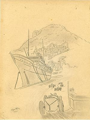"GRAND PRIX DE MONACO 1931" Étude crayon et fusain sur papier entoilé d'après Géo HAM en 1931