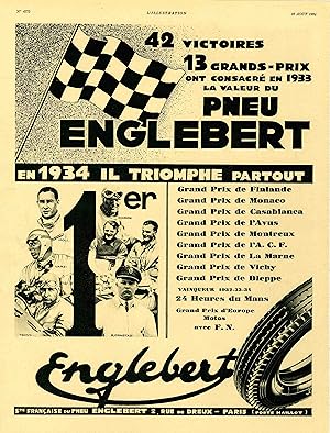 "PNEU ENGLEBERT" Annonce originale entoilée L'ILLUSTRATION 18/8/1934 (Coureurs: MOLL / VARZI / TR...