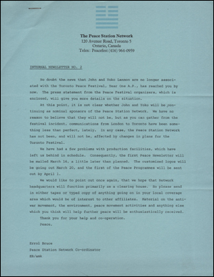 Image du vendeur pour The Peace Station Network : Internal Newsletter No. 2 and Press Release [John and Yoko Ono are no longer associated with the Toronto Peace Festival] mis en vente par Specific Object / David Platzker