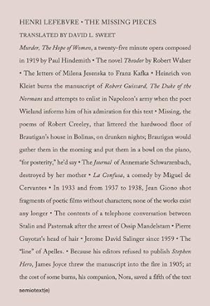 Imagen del vendedor de The Missing Pieces (Semiotext(e) / Native Agents) by Lefebvre, Henri [Paperback ] a la venta por booksXpress