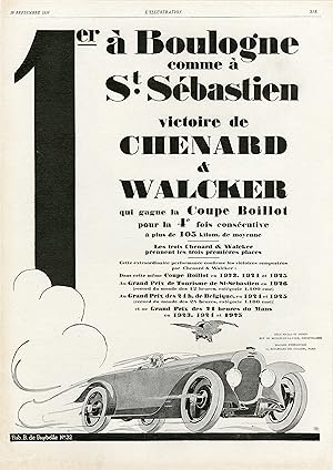 "COUPE BOILLOT : VICTOIRE de CHENARD & WALCKER" Annonce originale entoilée parue dans L'ILLUSTRAT...