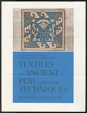 Bild des Verkufers fr Textiles of Ancient Peru and Their Techniques [Publisher's promotional pamphlet only] zum Verkauf von Between the Covers-Rare Books, Inc. ABAA