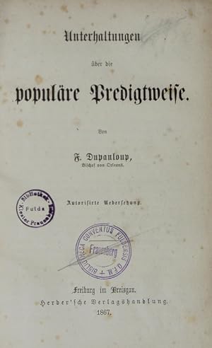 Imagen del vendedor de Unterhaltungen ber die populre Predigtweise. Autorisirte bersetzung. a la venta por Antiquariat Bookfarm