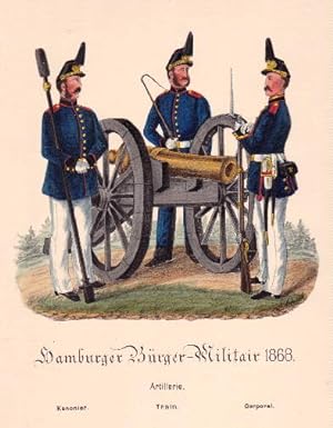 Artillerie (Kanonier, Train, Corporal). Kolorierte Lithographie mit Eiweiß gehöht von Adolph Schieck
