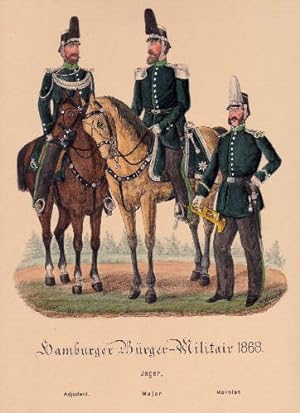 Jäger (Adjudant, Major, Hornist). Kolorierte Lithographie mit Eiweiß gehöht von Adolph Schieck