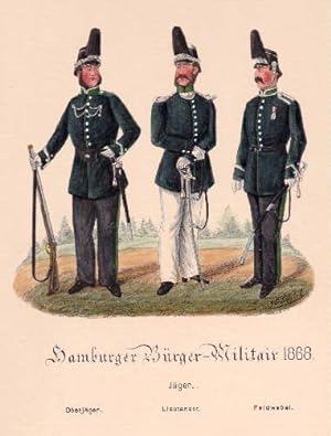 Jäger (Oberjäger, Lieutenant, Feldwebel). Kolorierte Lithographie mit Eiweiß gehöht von Adolph Sc...