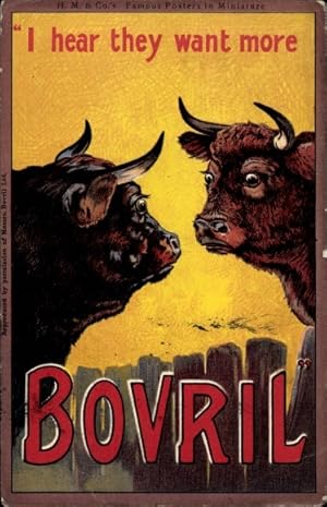Künstler Ansichtskarte / Postkarte Reklame Bovril, I hear they want more, erschrockene Rinder