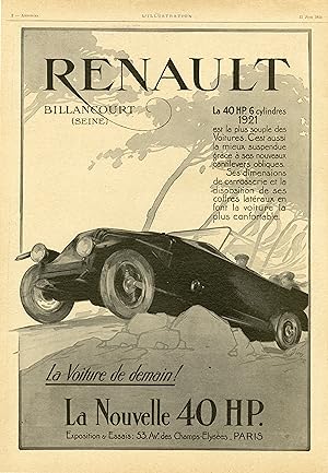 "40 HP. RENAULT" Annonce originale entoilée parue dans L'ILLUSTRATION du 11 Juin 1921