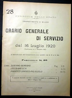 Seller image for Ferrovie - Orario Generale Servizio - Linea Seregno Bergamo Lecco Brescia 1920 for sale by Chartaland