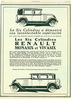 "RENAULT MONASIX et VIVASIX" Annonce originale entoilée L'ILLUSTRATION 14/4/1928