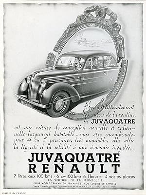 "JUVAQUATRE RENAULT" Annonce originale entoilée parue dans PLAISIR DE FRANCE (1939)