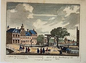 Bild des Verkufers fr [Antique print, coloured etching, gekleurde ets, The Hague, 1705] Gesicht by het Weeshuys op het Spuy (Gezicht op het weeshuis bij het Spui): Conspectus Haghiensis, iuxta Orphanotrophium ad Catarractas, 1 p, published around 1705. zum Verkauf von Antiquariaat Arine van der Steur / ILAB