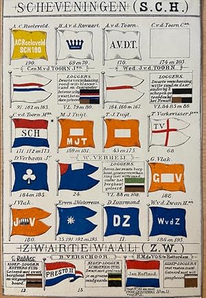 [Lithography, colored, Scheveningen, The Hague] Flagues of Scheveningen (S.C.H.) and ZwarteWaal (...
