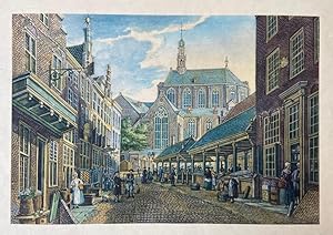 [Coloured modern print, The Hague] Gezicht op de Dagelijkse groenmarkt te Den Haag met op de voor...