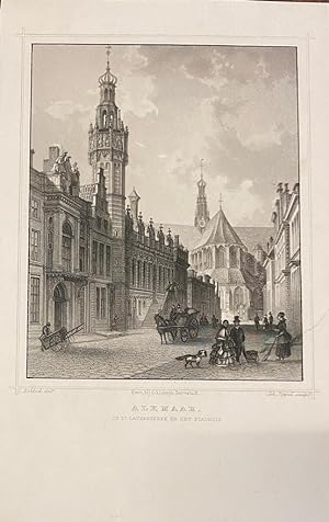 [Lithography, Lithografie, Alkmaar] Alkmaar, De St. Laurenskerk en het stadhuis, 1 p, published 1...